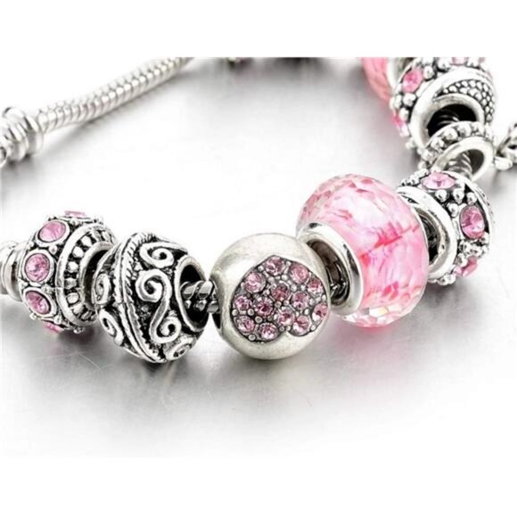 Charm Pink Hearts Silver Plated Charm Bracelet Set, - Picture 3 of 5